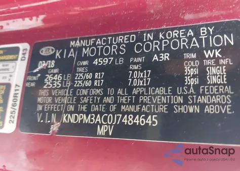 2018 Kia Sportage Lx z USA, uszkodzony, nr VIN KNDPM3AC0J7484645